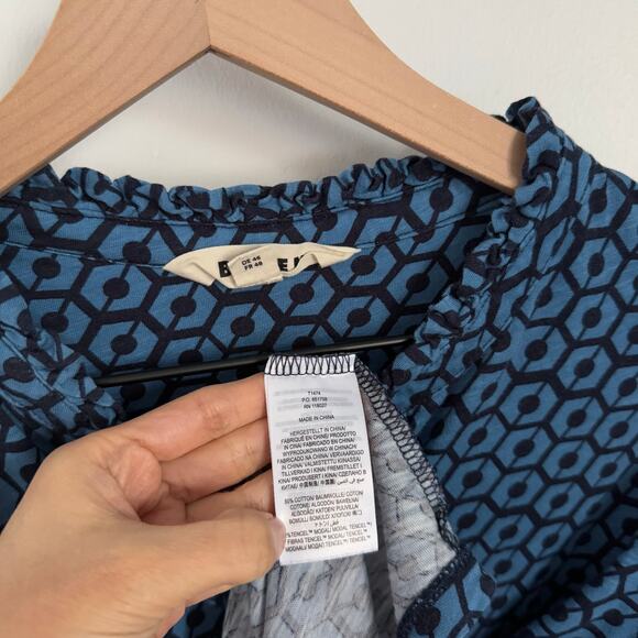 Boden US 16-18 Ruffle Detail Soft Jersey Button Up Shirt High Neck Blue Geo - Picture 2 of 4